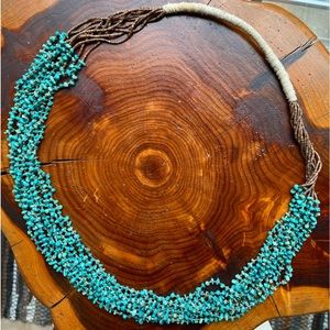 Native American Turquoise&Heishi (Olive shell) 10 Strand Squaw Wrapped Necklace